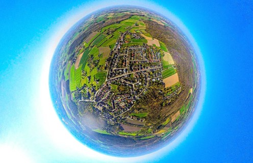 Aerial photo, residential area, view of Cappenberg district, globe, fisheye image, 360 degree