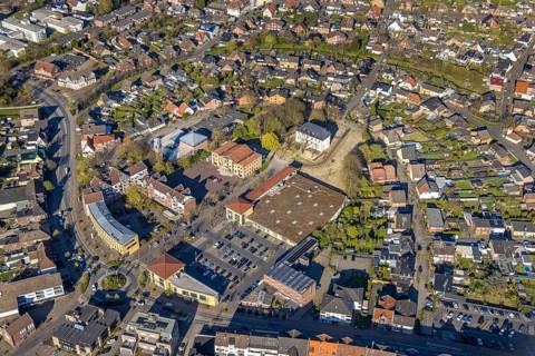 Aerial view, community centre and adult education centre VHS in the town centre, Botzlar Castle