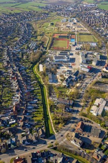 Aerial view, Auenpark with campus, grammar school, sports centre Sparkassen Arena and living at