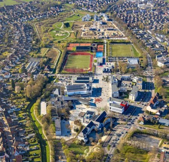 Aerial view, Auenpark with campus, grammar school, sports centre Sparkassen Arena and living at