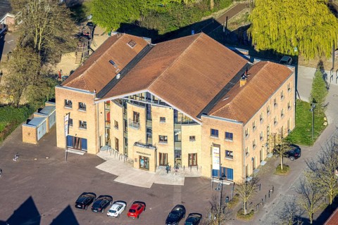 Aerial view, community centre and adult education centre VHS in the town centre, bycatch, Selm,