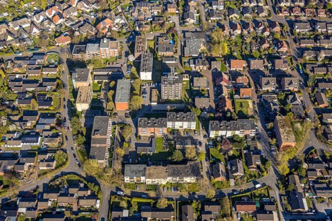 Aerial view, multi-family house, housing estate Jakob-Kaiser-Straße, bycatch, Selm, Münsterland,