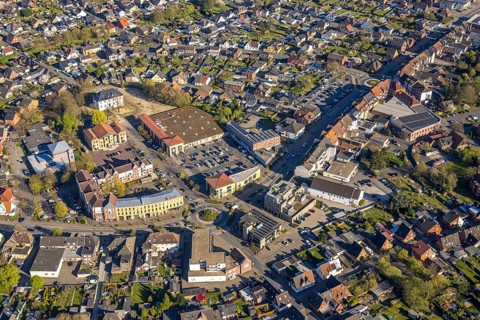 Aerial view, community centre and adult education centre VHS in the town centre, Botzlar Castle