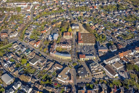 Aerial view, community centre and adult education centre VHS in the town centre, Botzlar Castle