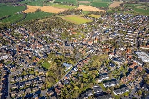 Aerial view, catholic parish church St. Ludger in the town centre residential area, Selm,