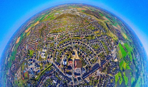 Aerial view, residential area, view of Selm, centre of Selm, earth globe, fisheye shot, 360 degree