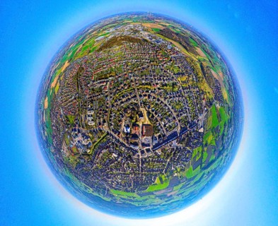 Aerial view, residential area, view of Selm, centre of Selm, earth globe, fisheye shot, 360 degree