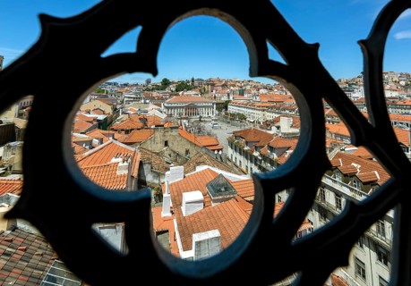 View through wrought iron grating from Portugal's most famous lift Elevador do Município or