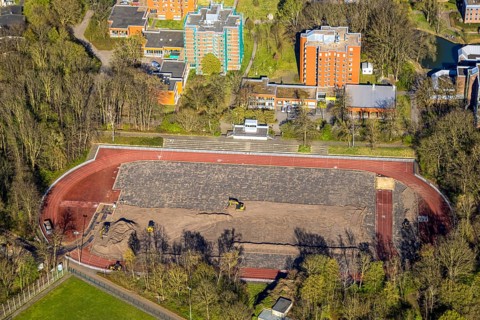 Aerial view, high-rise housing estate Am Kesselhaus and Carl-Sievering-Straße with construction