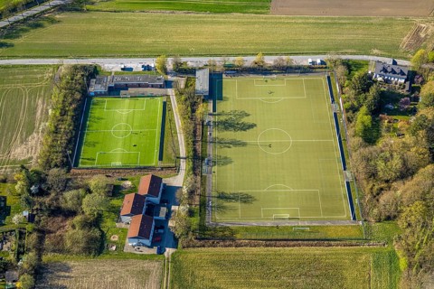 Aerial view, football stadium sports field Am Kohuesholz of Grün-Schwarz Cappenberg, Cappenberg,