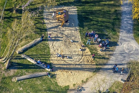 Aerial view, playground in Stephanuspark, Bork, Selm, Münsterland, North Rhine-Westphalia, Germany,