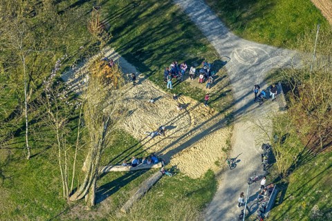 Aerial view, playground in Stephanuspark, Bork, Selm, Münsterland, North Rhine-Westphalia, Germany,