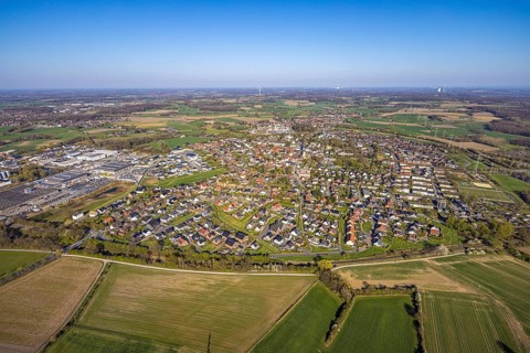 Aerial view, residential area, view of Bork district with distant view and blue sky, commercial