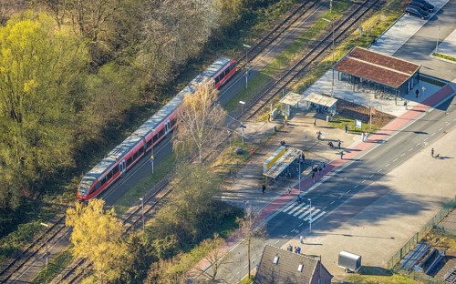 Aerial view, Bork station, S-Bahn and platform, Bork, Selm, Münsterland, North Rhine-Westphalia,