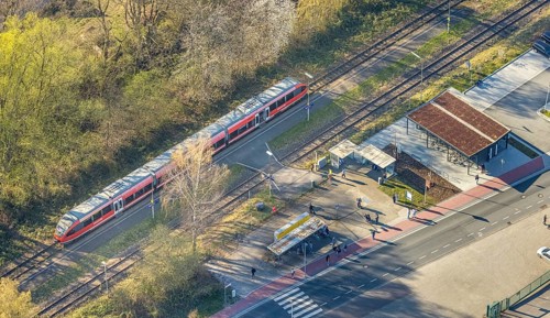 Aerial view, Bork station, S-Bahn and platform, Bork, Selm, Münsterland, North Rhine-Westphalia,