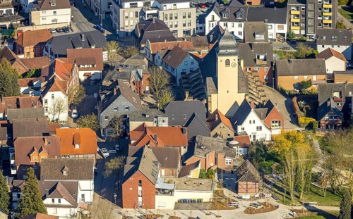 Aerial view, St. Stephanus Catholic Church in the town centre, residential area and view of Bork,