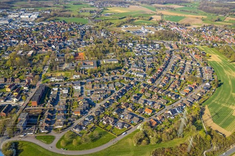 Aerial view, residential area, local view Bork and school Förderzentrum Nord, Selm, Münsterland,