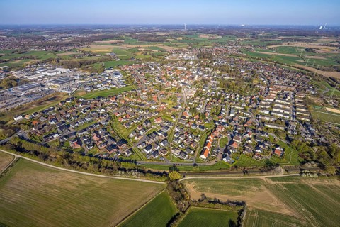 Aerial view, residential area, view of Bork district with distant view and blue sky, commercial