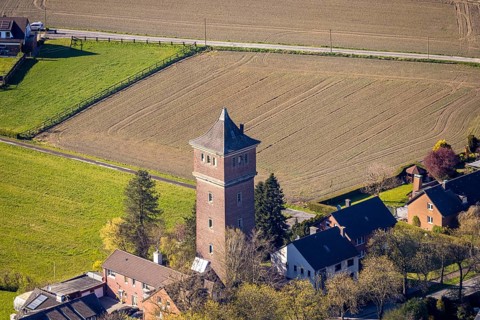 Aerial view, water tower in Cappenberg, rectangular water tower in brick construction, Selm,