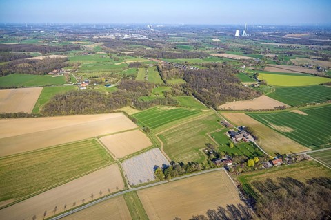 Aerial view, meadows and fields with distant view, view to the district Langern, Werne,