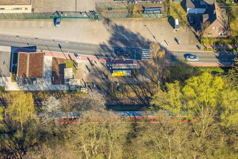 Aerial view, S-Bahn at Bork station with forecourt, Bork, Selm, Münsterland, North