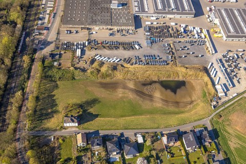 Aerial view, brownfield Nepomukweg in the industrial area at the railway station at Bahnhofstraße,