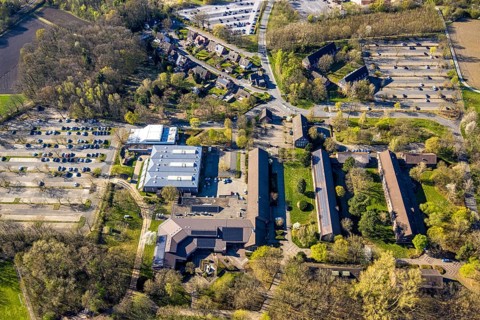 Aerial view, car parks, main car park LAFP School North Rhine-Westphalia (State Office for