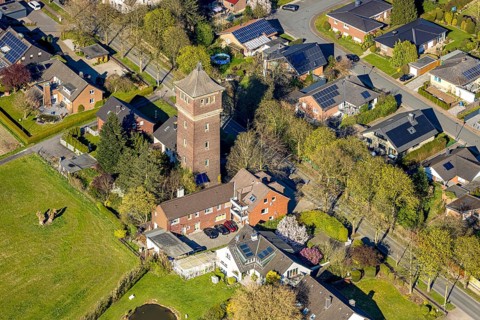 Aerial view, water tower in Cappenberg, rectangular water tower in brick construction, Selm,