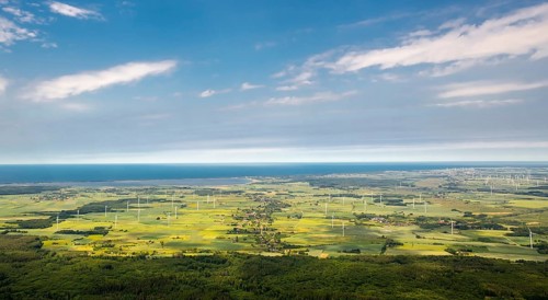 Wind farm, wind power plants, fields, forests, Szczeglino, Steglin, Baltic Sea coast, Województwo