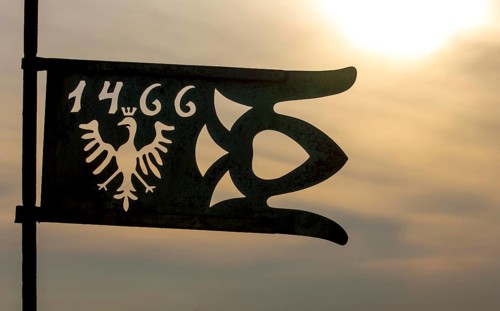 GdaÅsk, bronze flag on the tower of St Mary's Church, Gdansk, Baltic Sea coast, Baltic Sea,