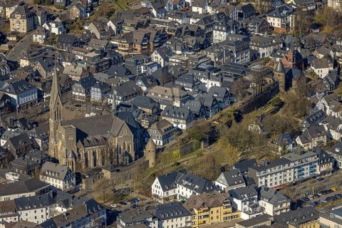 Aerial view, catholic church St. Martinus, city wall with angel tower and witch tower, evang.