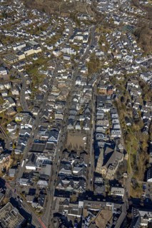 Aerial view, catholic church St. Martinus, town wall with angel tower and witch tower, evang.