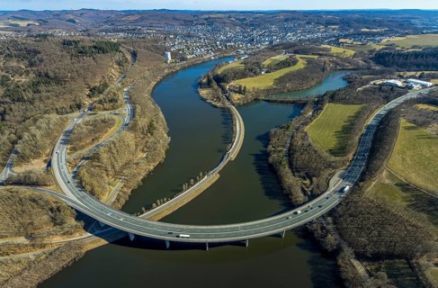 Aerial view, Biggesee with forest area, Obersee with bridge Landesstraße L512, curved bridge