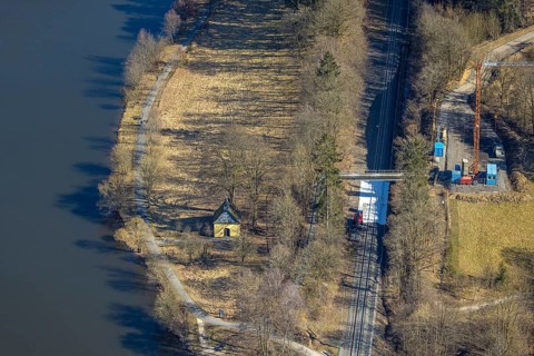 Aerial view, Valentine's Chapel at Biggerandweg at Biggesee, Olpe City, Olpe, Sauerland, North