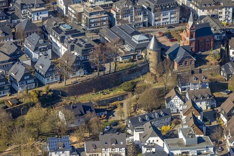 Aerial view, city wall with witch tower, evang. Church Olpe, OT Olpe youth centre and children's