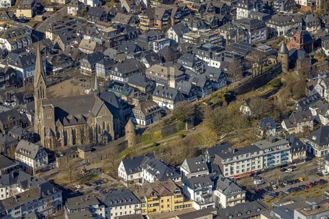 Aerial view, catholic church St. Martinus, city wall with angel tower and witch tower, evang.