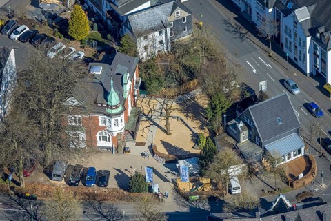 Aerial view, Restaurant Die Villa Olpe wird zum Starnberger Wirtshaus, Olpe town, Olpe, Sauerland,