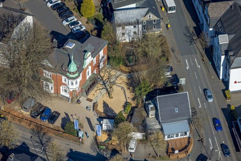 Aerial view, Restaurant Die Villa Olpe wird zum Starnberger Wirtshaus, Olpe town, Olpe, Sauerland,