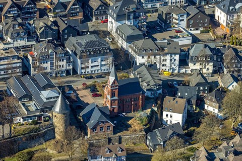 Aerial view, city wall with witch tower, evang. Church Olpe, OT Olpe youth centre and children's