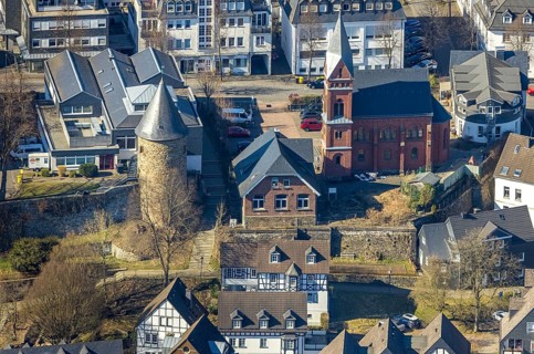 Aerial view, town wall with witch tower and evangelic church Olpe, OT Olpe youth centre and