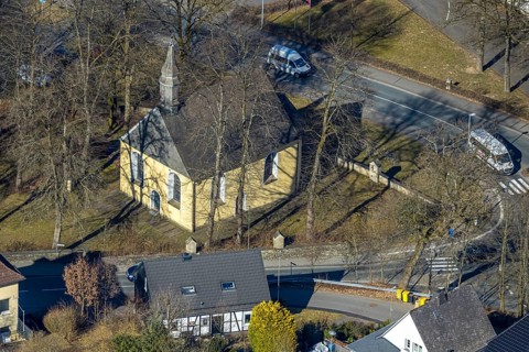 Aerial view, catholic cross chapel Am Bratzkopf, heritage-protected church building, Olpe town,