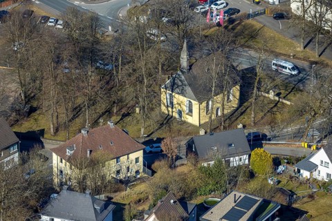 Aerial view, catholic cross chapel Am Bratzkopf, heritage-protected church building, Olpe town,