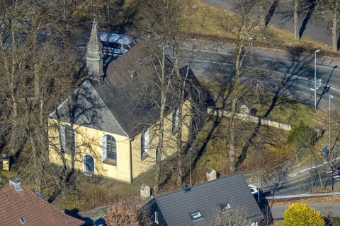Aerial view, catholic cross chapel Am Bratzkopf, heritage-protected church building, Olpe town,