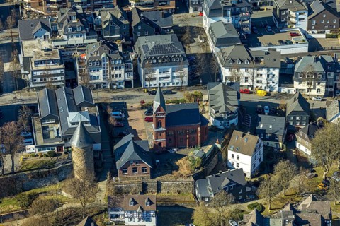 Aerial view, city wall with witch tower, evang. Church Olpe, OT Olpe youth centre and children's