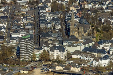 Aerial view, former Olpe railway station, left Olpe town hall, Altes Lyzeum (music school) and