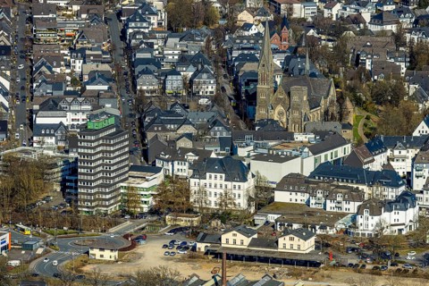 Aerial view, former Olpe railway station, left Olpe town hall, Altes Lyzeum (music school) and
