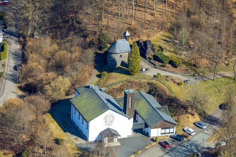 Aerial view, Lourdes Grotto and St Joseph's Church, Altenkleusheim, Olpe, Sauerland, North