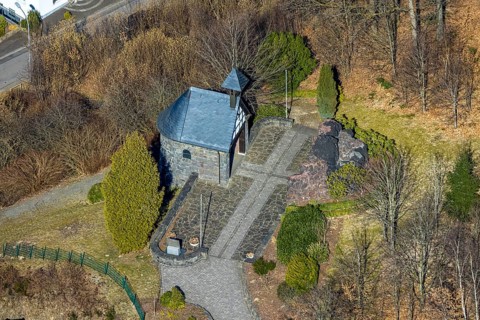 Aerial view, Lourdes Grotto with gardens, Altenkleusheim, Olpe, Sauerland, North Rhine-Westphalia,