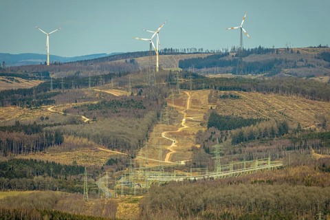 Aerial view, Altenkleusheim substation, wind turbines and distant view, forest area and forest