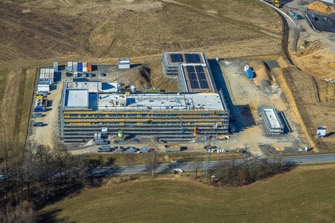 Aerial view, commercial area Nicolaus-Otto-Straße with construction site and new building Alte